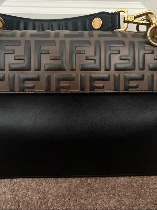 Fendi Black & Brown Embossed FF Leather Messenger Bag with Red Accent - Picture 3 of 7